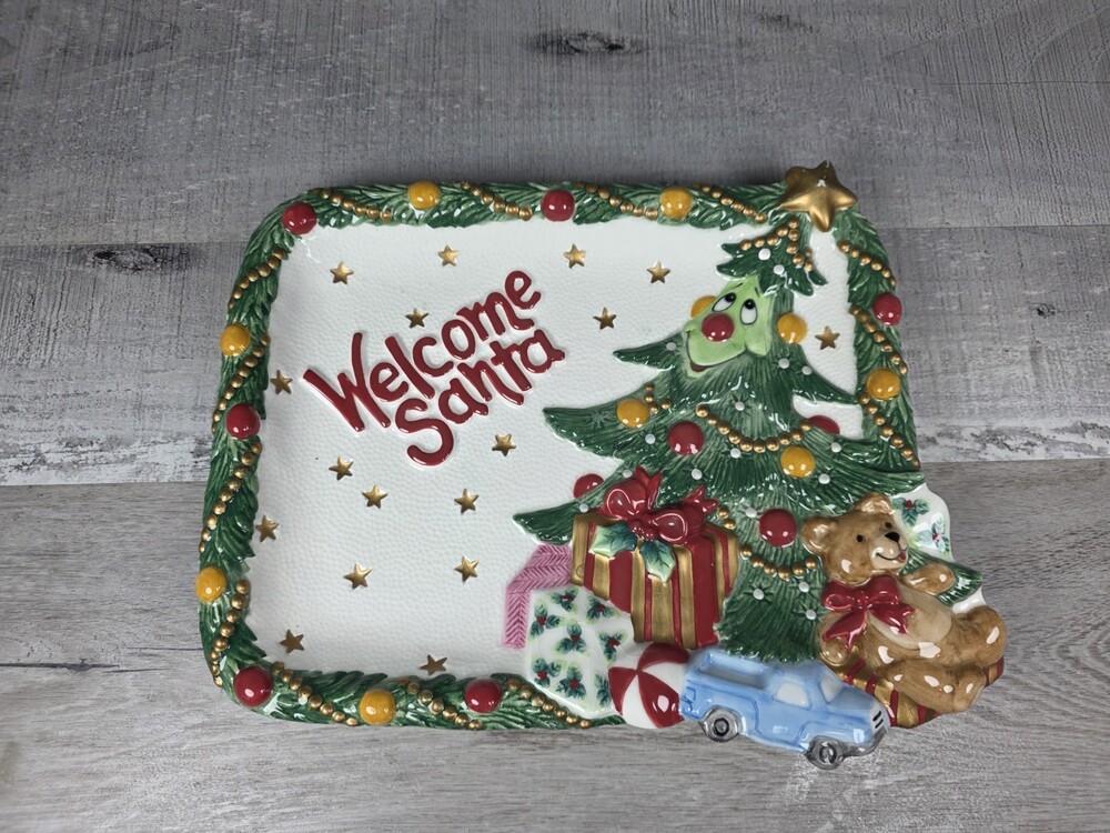 Fitz and Floyd Wee Christmas Tree Cookies for Santa Plate Welcome Santa b314